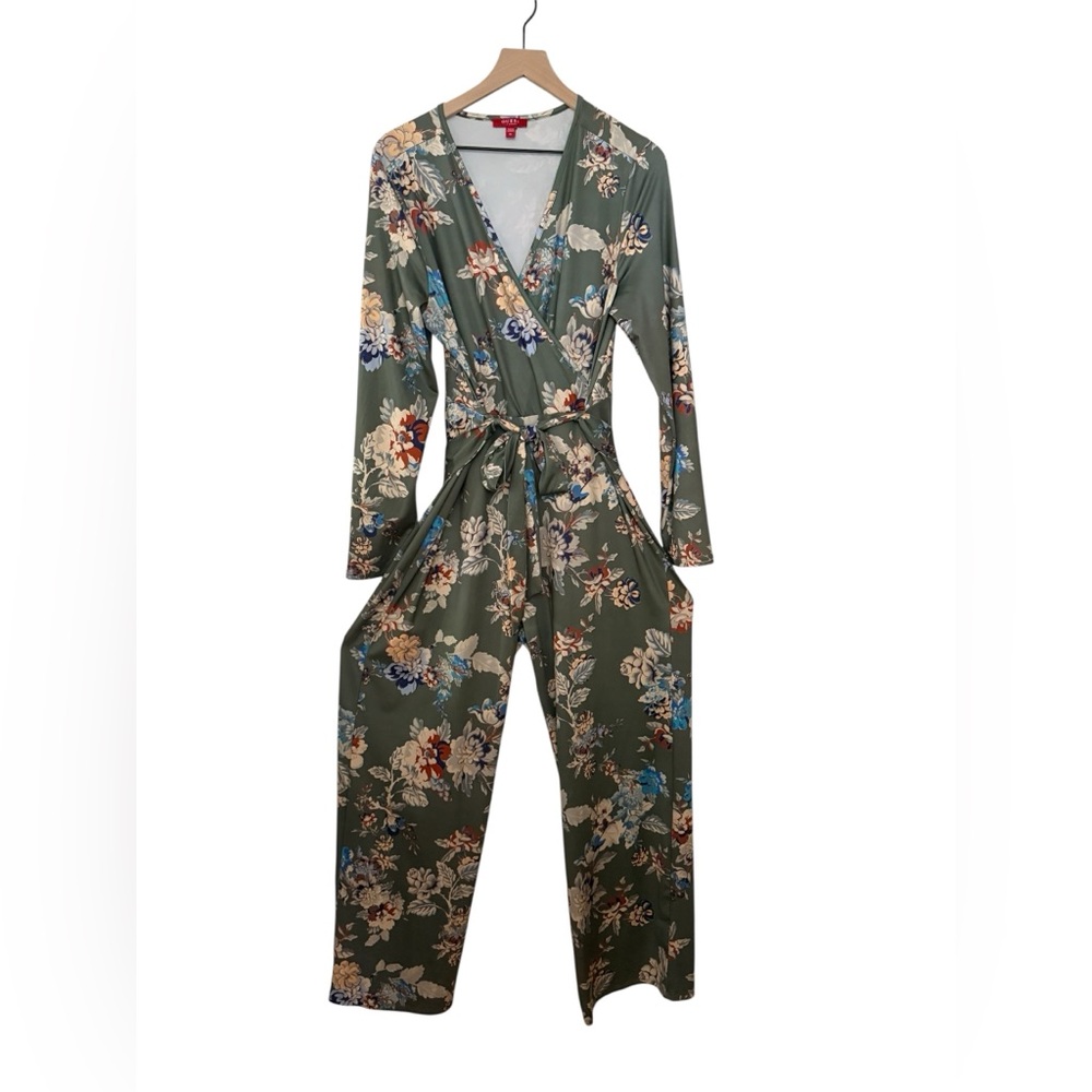 Guess Woman's XL Green Floral V Neck Pant Romper Long Sleeve Jumpsuit